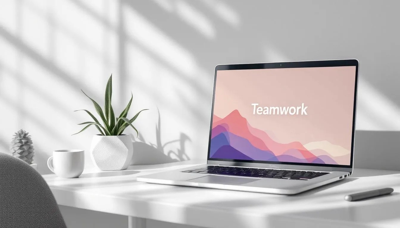 Teamwork geschrieben auf einem macbook display auf einem Schreibtisch